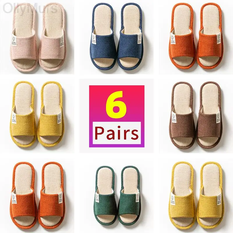 

Тапочки льняные бесшумные для мужчин и женщин, дезодорирующие комнатные тапочки, хлопок и лен, для лета, весна-осень, 6 пар