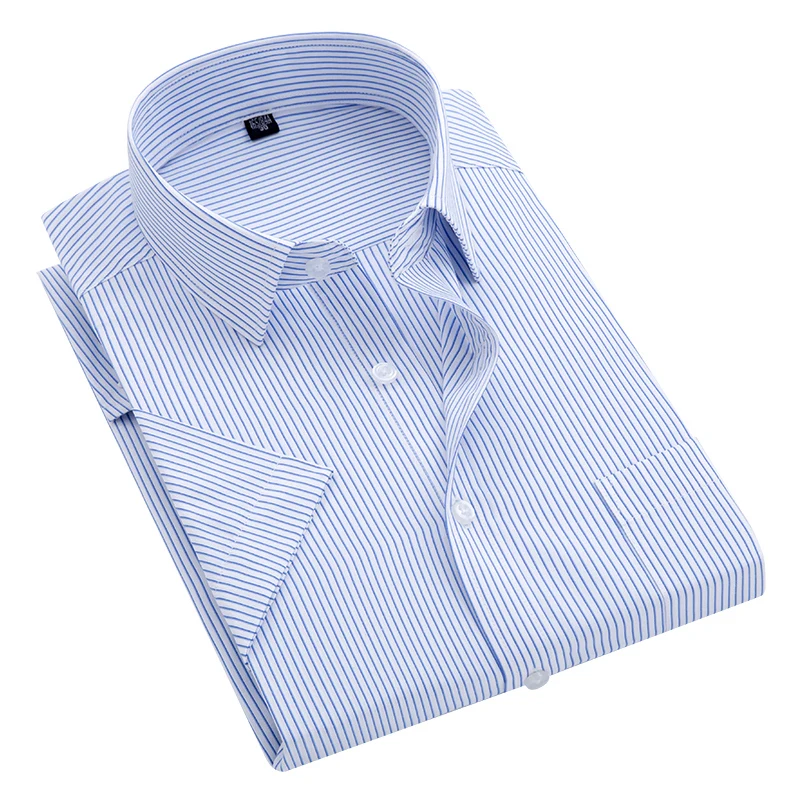 Summer S~8xl Men's Striped Short Sleeve Dress Shirt Square Collar Non-iron Regular Fit Anti-wrkle Pocket Male Social Shirt