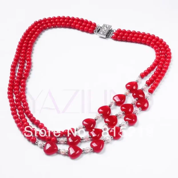 N47 ожерелье с воротником 16 дюймов из красного кораллового шара белое сердце 6 мм