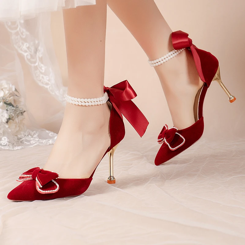 

Pearl Ankle Strap Red Pumps Women Design Silk High Heels Wedding Bride Shoes Woman Bowknot Metal Stiletto Heel Pumps 2022