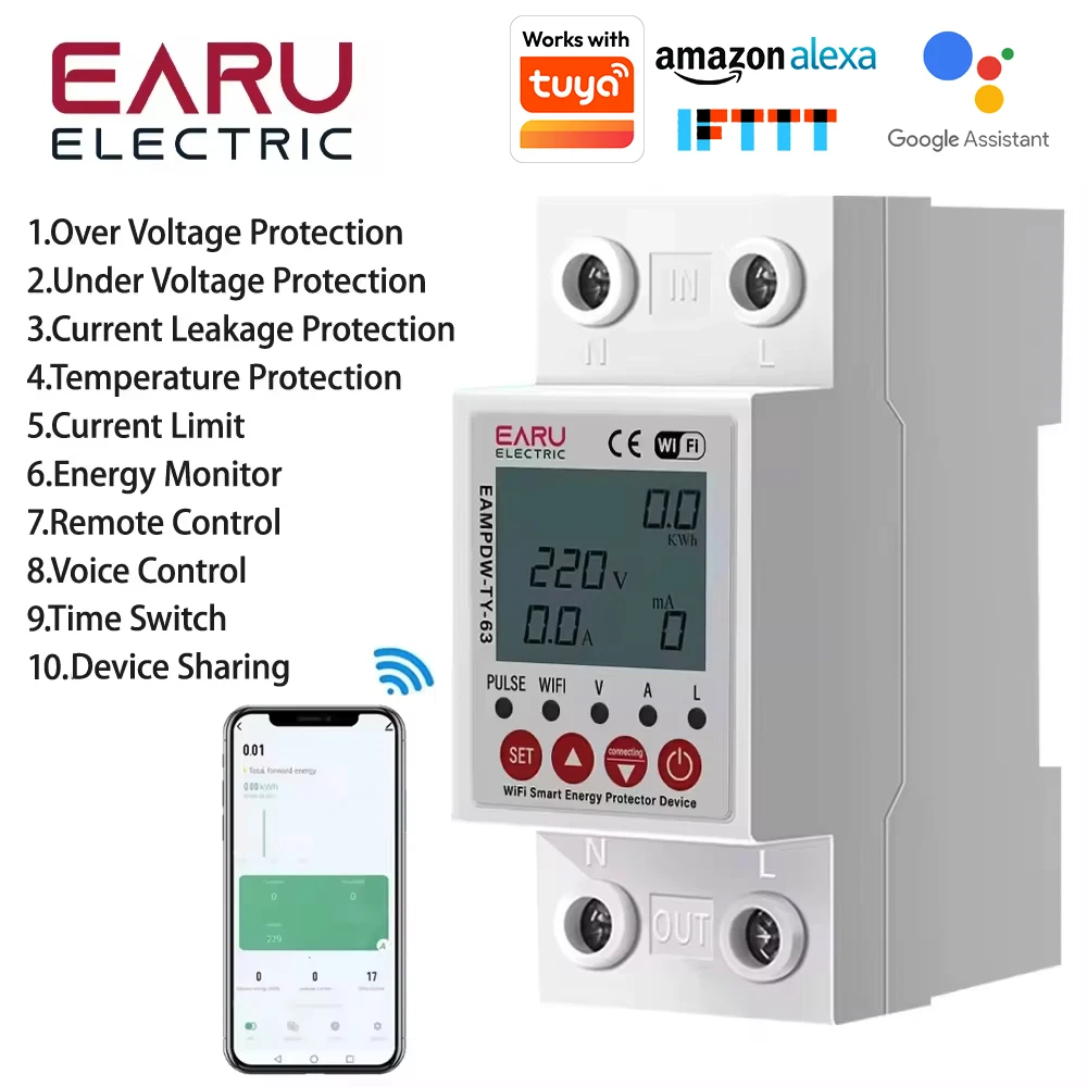 

Умный автоматический выключатель EARUELETRIC 2P 63A