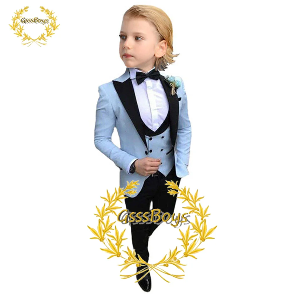 Kids Suits For Wedding Tuxedo Sky Blue Jacket Pants Vest Three Piece Point Lapel Formal Party Dress Custom Boys Blazer Set