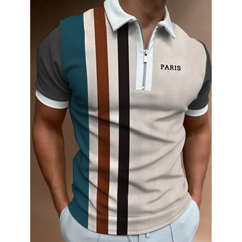

High Quality Summer Men Polo Shirts Grid Stripe Print pattern Casual Short Sleeve Mens Shirts Turn-Down Collar Zipper T-shirt