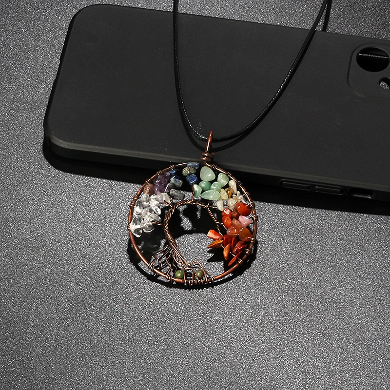 

Energy Stone Tree of Life Pendant Necklaces for Women Leather Chain Amulet Statement Neacelets Men Nature Stone Necklace Jewelry