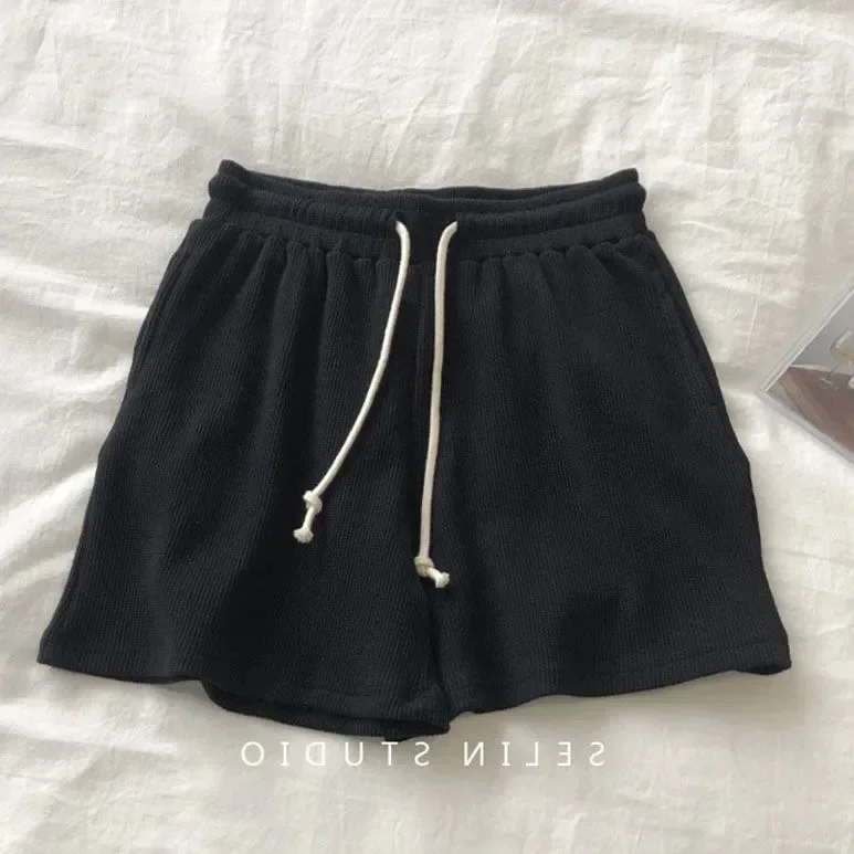 Летние тонкие вафельные шорты женские свободные повседневные штаны для сна