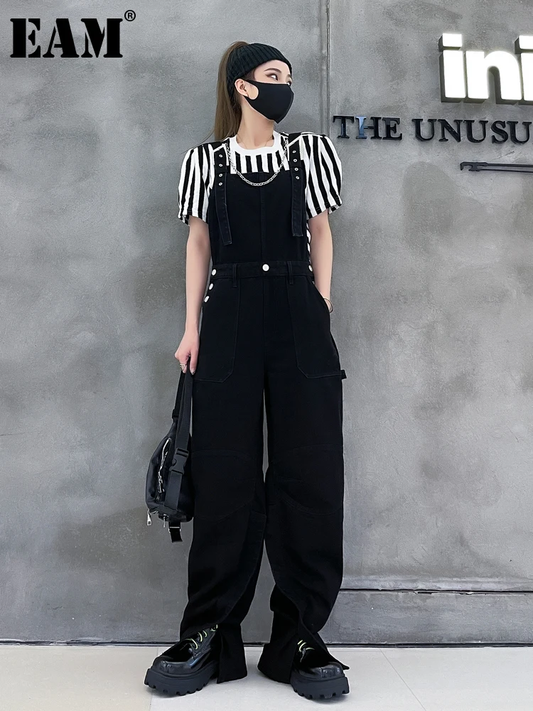 

[EAM] High Waist Long Big Size Black Overalls Trousers New Loose Fit Pants Women Fashion Tide Spring Autumn 2022 1DE7227