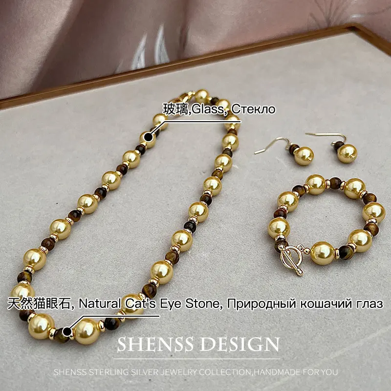Ожерелье с имитацией жемчуга и камнем кошачий глаз 10 мм ожерелье из меди золота 14