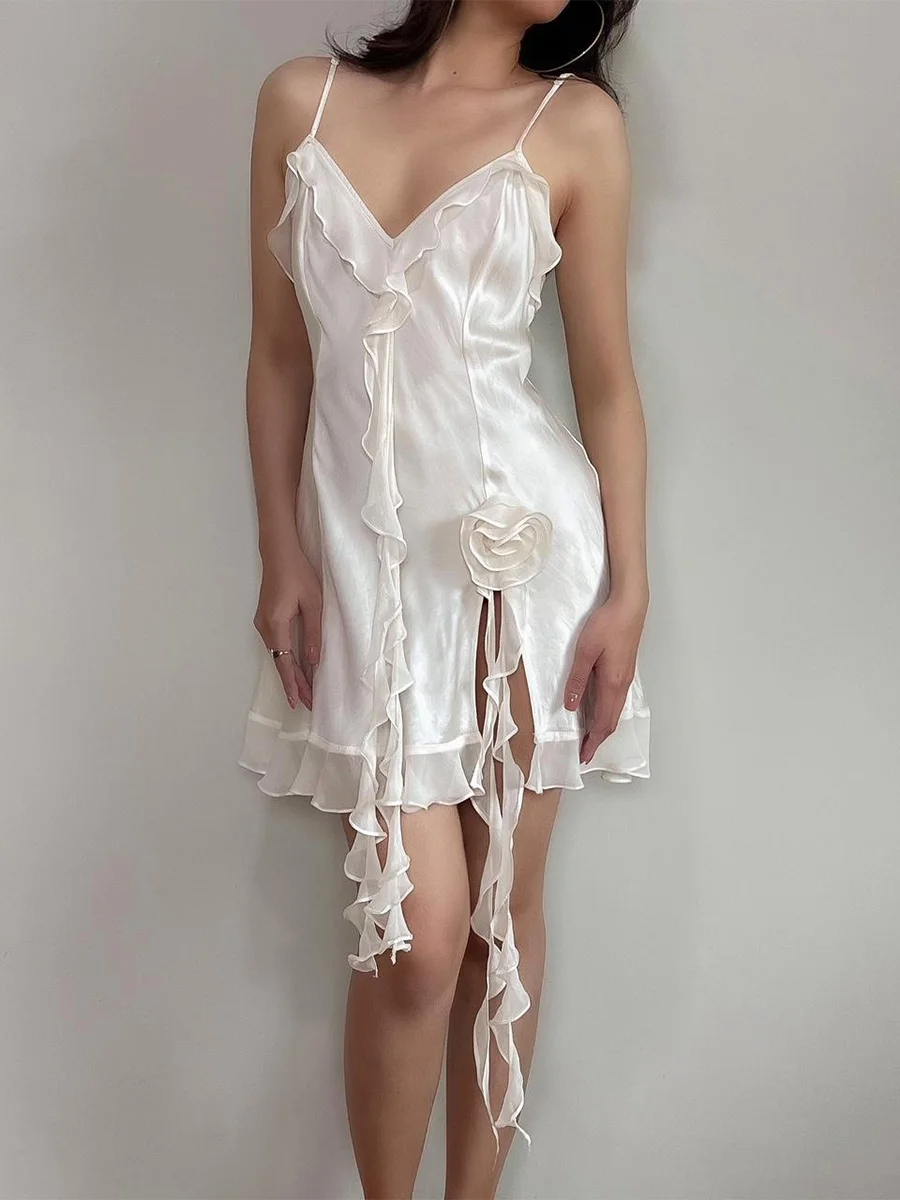 

Women's Summer Mini Dress Casual Sleeveless V Neck 3D Rosette Split Hem Ruffle Dress Beachwear