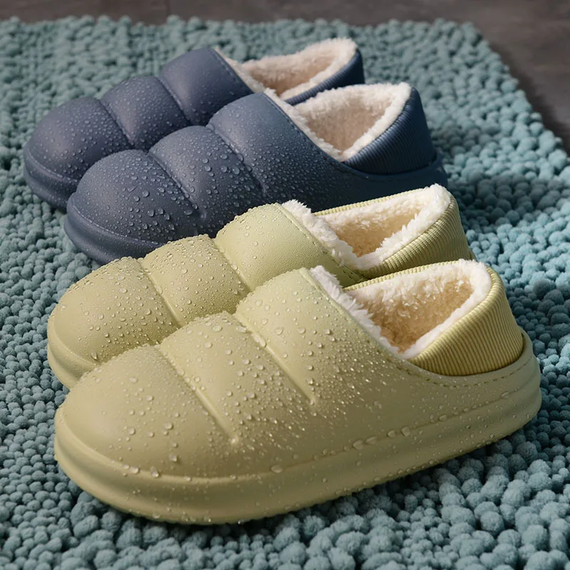 

New Winter Women Fur Slippers Waterproof Warm Plush Household Slides Indoor Home Thick Sole Footwear Non-Slip Solid Couple Shoes