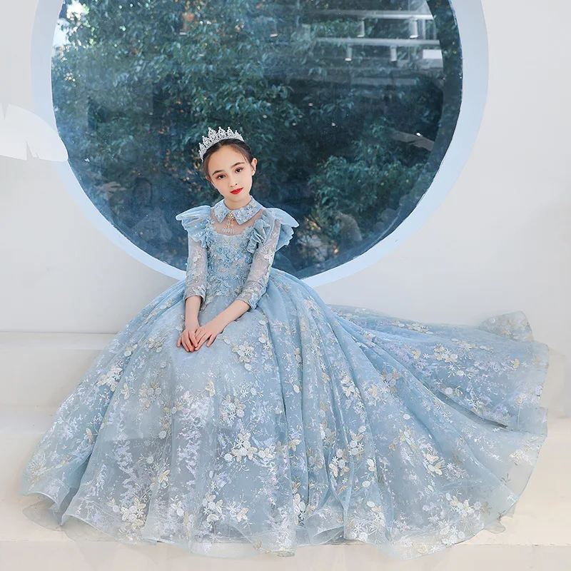 

Beaded embroidery lace Kids Dresses For Bridesmaid Wedding trailing Dress Children Pageant Gown Girls Party Tulle Baby dress