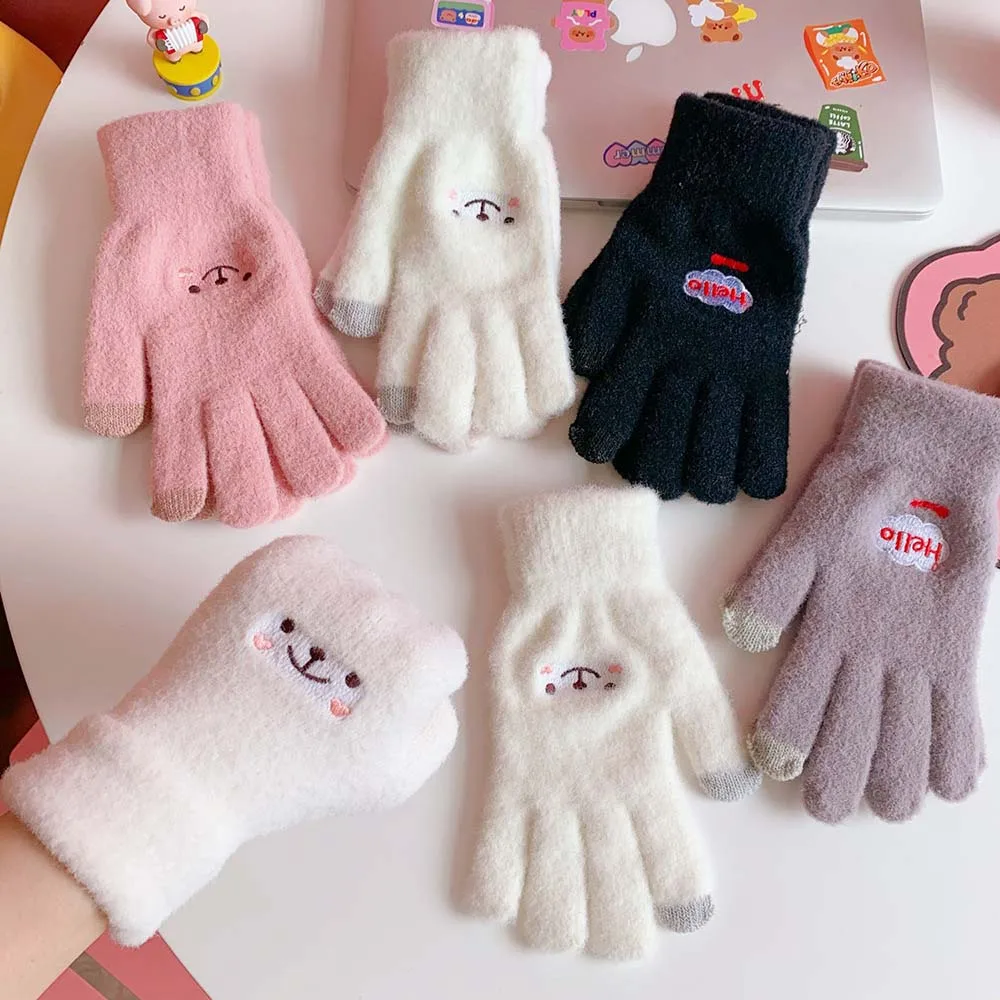 

1Pair Winter Warm Plush Gloves Cute Student Japanese Girl Smile Knitted Gloves Five Finger Gloves