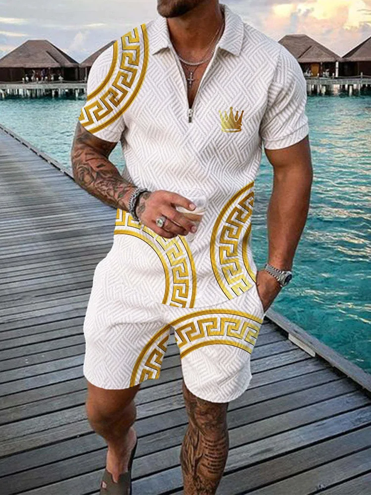 Summer Men Luxury Vintage Polo Shirt Set Casual Turn Down Collar Tracksuit Male Fashion Clothing Beach Style Outfits Streetwear