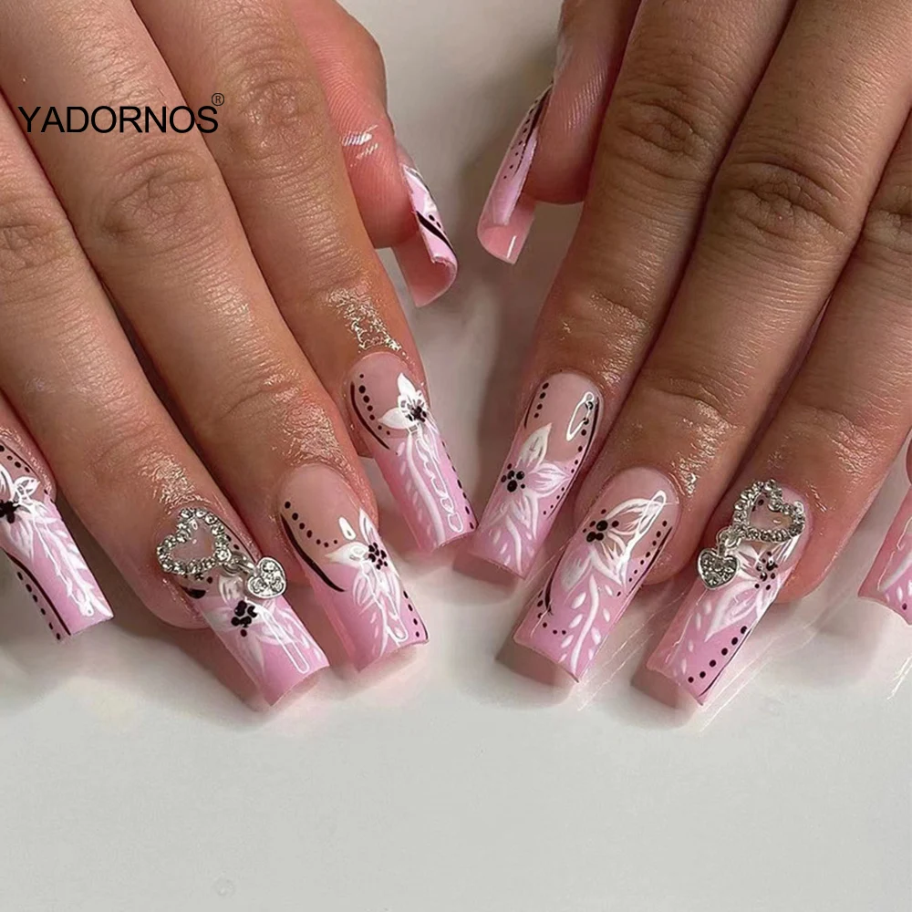 

Многоразовые Накладные ногти Длинные накладные ногти балерины розовый цветок Серебряное сердце ногти с 3D декором для женщин и девушек вече...