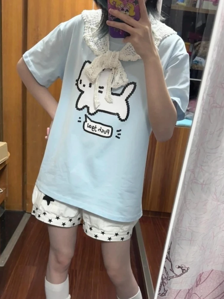 Женские синие футболки HOUZHOU Harajuku Kawaii с принтом кошки, с коротким рукавом, оверсайз, в японском стиле, хлопковые футболки Juminocore (art.: 3920d963f370f) - 3920d963f370f
