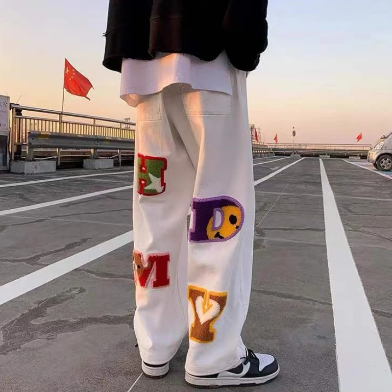 Retro Wild Straight Jeans 2022 New Letter Flocking Embroidery Jeans Men's Y2K Street Hip-hop Trend Wide-leg Pants Casual Loose