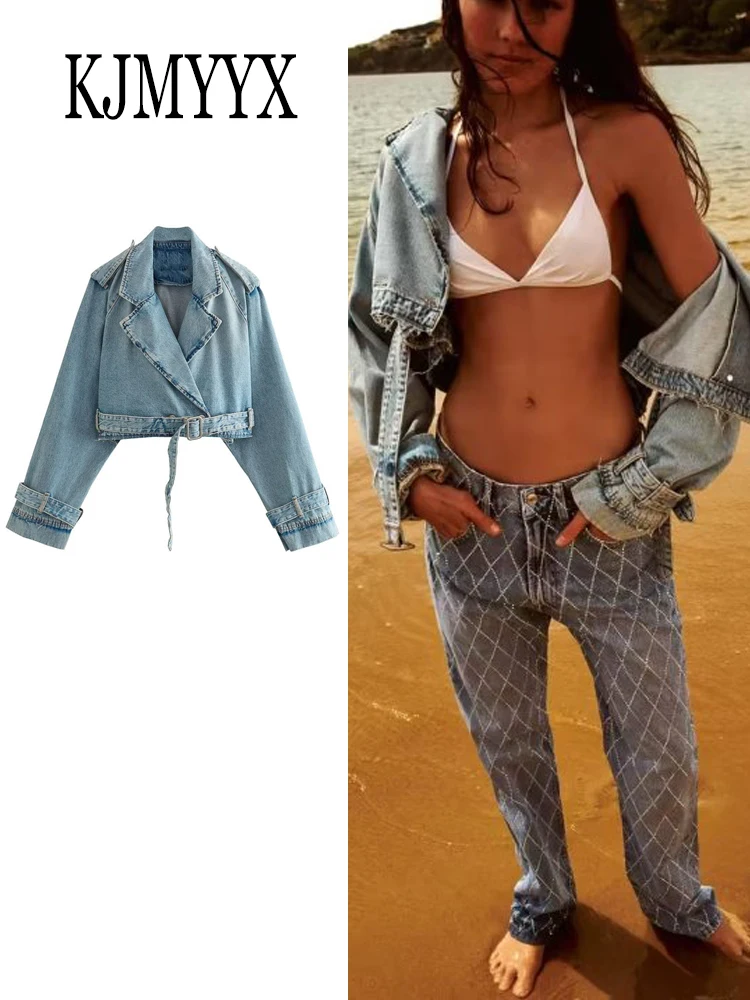 

Женский укороченный Тренч KJMMYX с отложным воротником, длинными рукавами и поясом, двубортная джинсовая куртка, Новые повседневные джинсовые пальто в стиле High Street