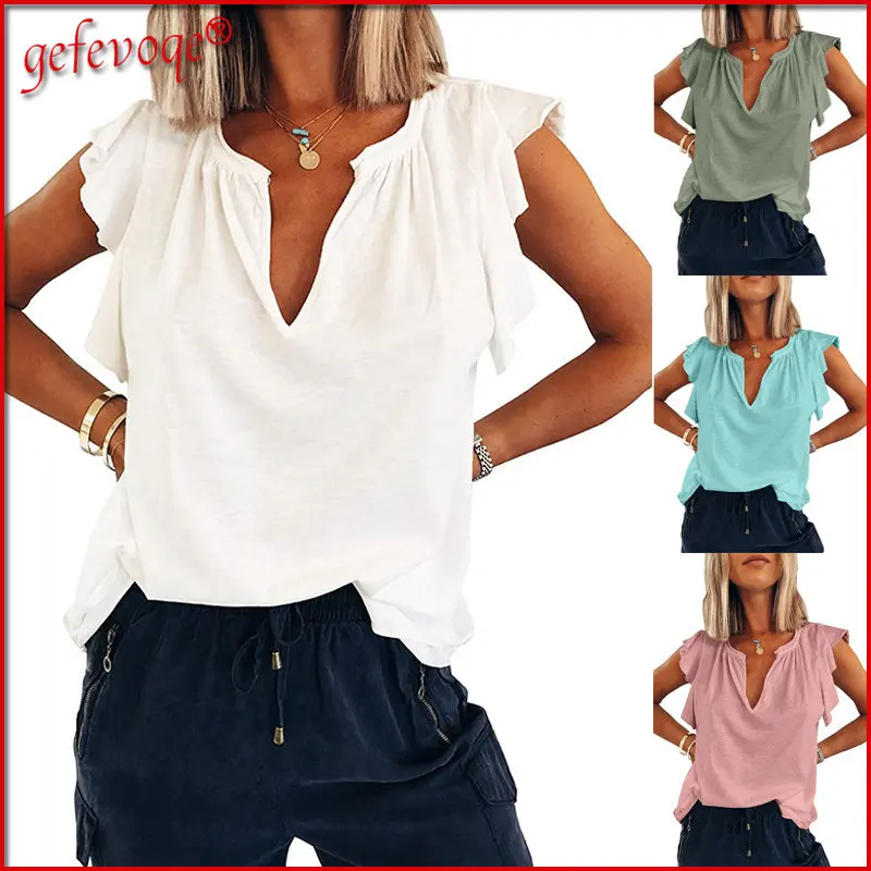 

Oversized Women Clothing 2022 New Ummer Casual V Neck Short Sleeve Tee Shirt Ruffles Solid Loose Tops Simple Style Basic T-shirt