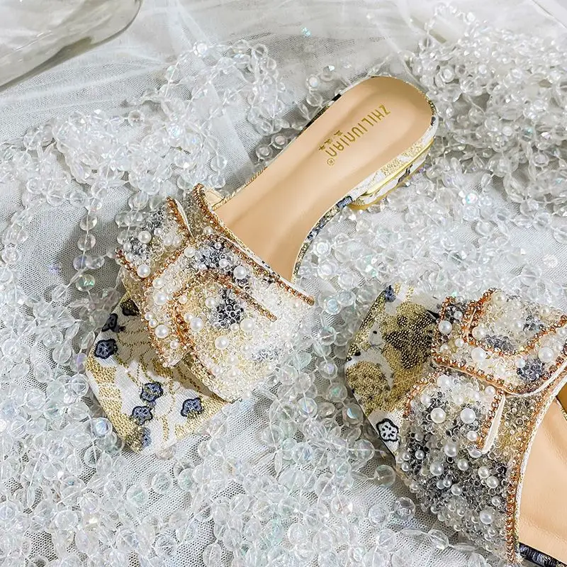 Rhinestone Women's Sandals Thick Heel Fashion Flat Bottoms Ladies Shoes Summer New Casual Square Head Outside Female Slippers