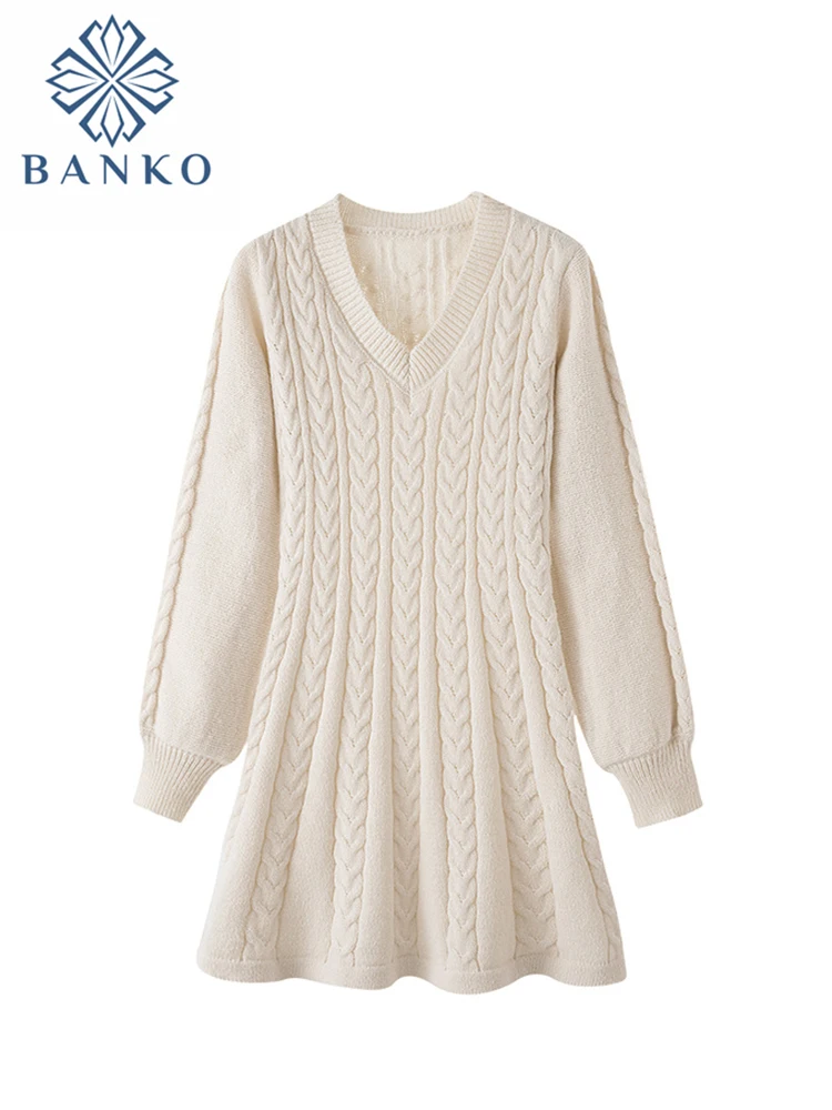 

Женское трикотажное мини-платье, однотонное простое платье во французском стиле с V-образным вырезом и рукавами-фонариками, повседневное базовое элегантное винтажное платье, осень 2022