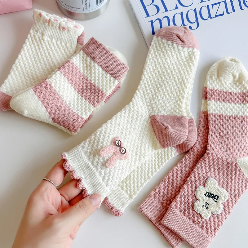 

Носки женские розовые в полоску, Мультяшные длинные женские носки с вышивкой медведя, кролика, кавайные толстые мягкие носки для девочек, зимние милые дамские носки