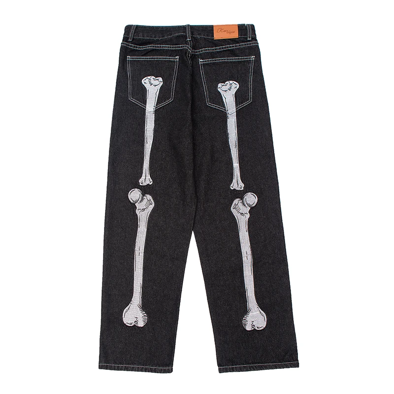 Mens Jeans Pants Vibe Style Straight Casual Oversize Denin Trousers Streetwear Retro Skull Hand Bone Embroidery Washed