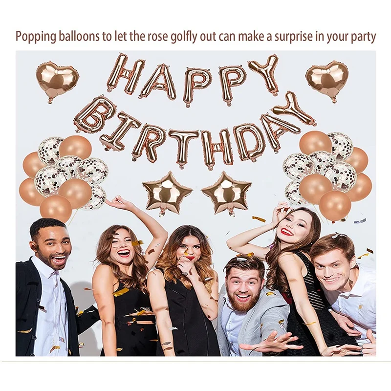 

Birthday Balloons Decoration Set Rose Gold Balloons Confetti Party Balloons, "HAPPY BIRTHDAY" Banner
