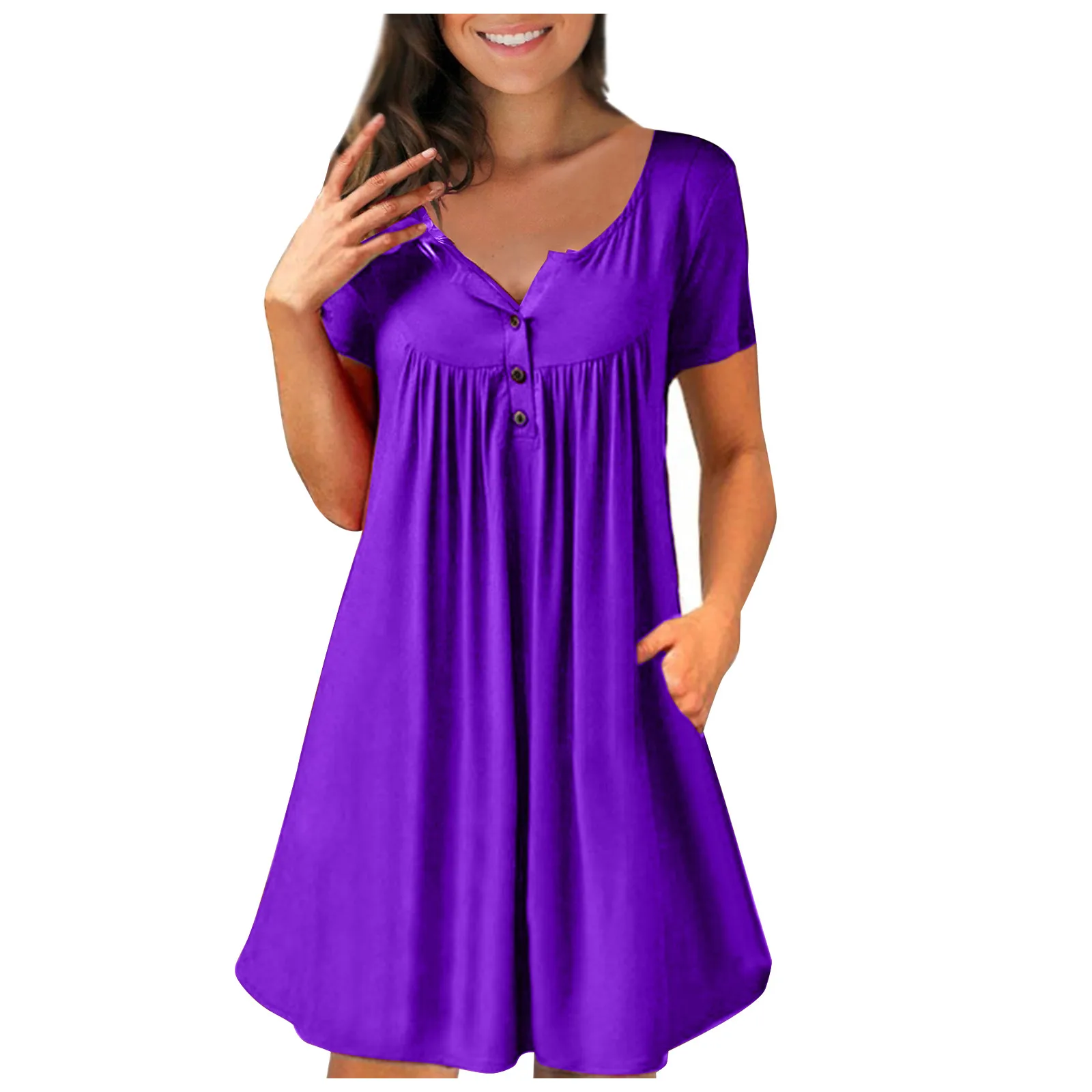 

Летние платья для женщин 2022 свободное Платье-трапеция с коротким рукавом и круглым вырезом с карманами Женское свободное мини-Платье женск...