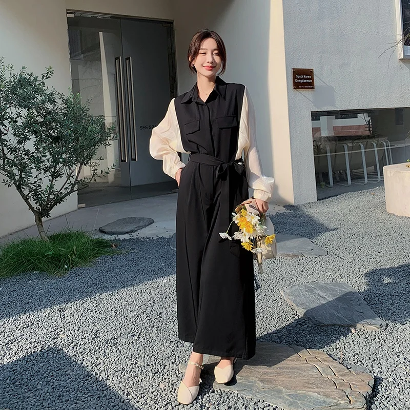 

Fashion Spliced Long Sleeve Wide Leg Jumpsuit for Women Spring Fall Elegant Loose Bandage One Piece Pants Overalls Rompers 1857