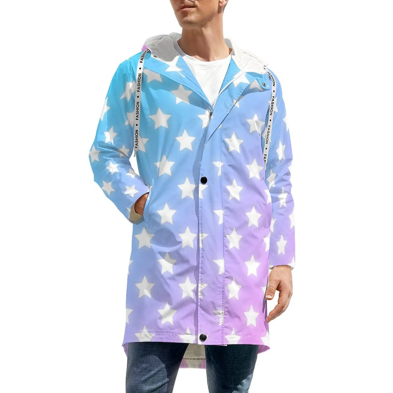 

White Stars Print Windbreakers Male Colorful Ombre Long Thick Trench Coats Aesthetic Custom Winter Jackets Casual With Pockets