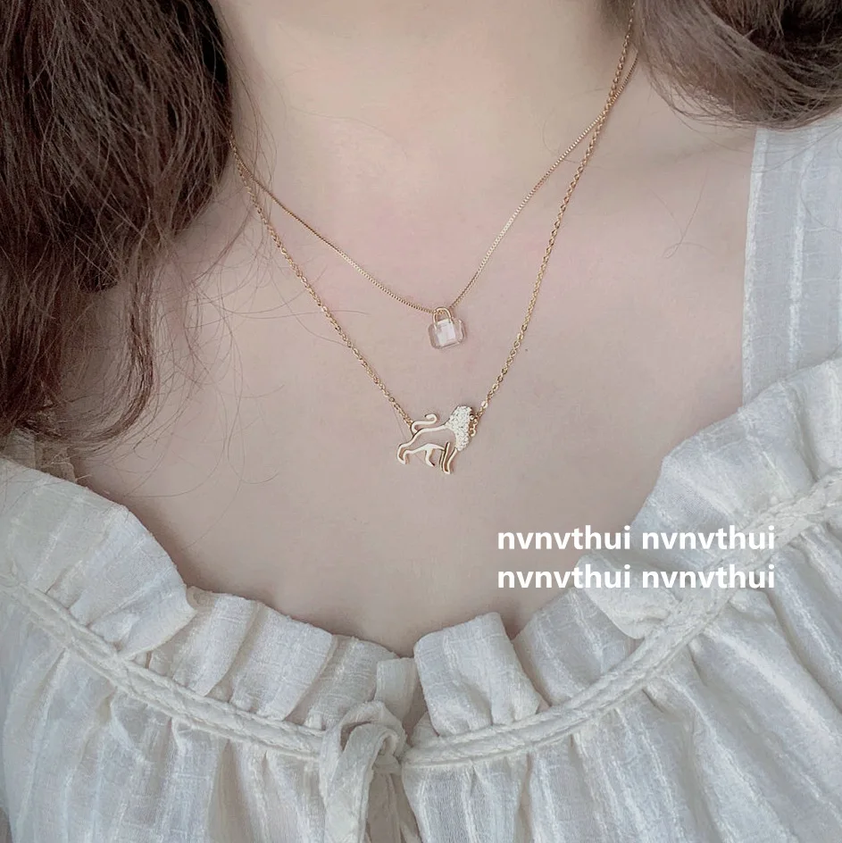 

18K Gold Plated Exquisite Shining Diamond Little Lion Clavicle Chain Twin Necklace Ornament