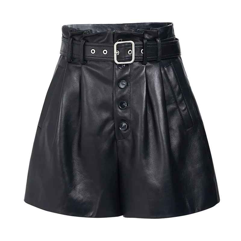 Sheepskin Leather Pants Women High Waist Casual Wide Leg Pants Versatile Shorts Pants