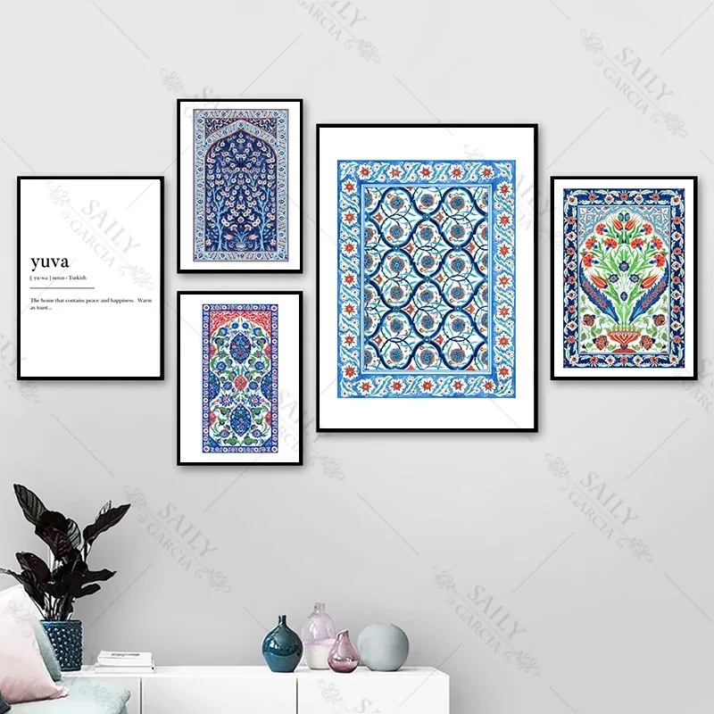 

Moroccan Rug Art Print Posters Boho Style Home Decor Canvas Painting Abstract Ottoman Floral Wall Art Picture for Living Room