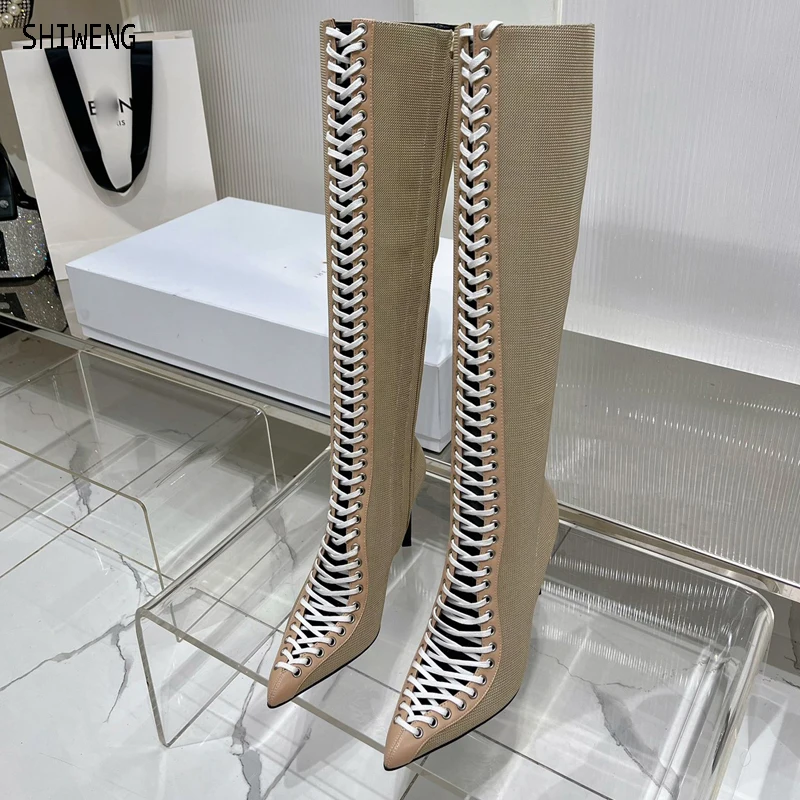 

Women Sexy Brand Knee High Boots Hollow out Summer Bootsribbon Lace up Thin High Boot Out Strappy Gladiator Heels 42