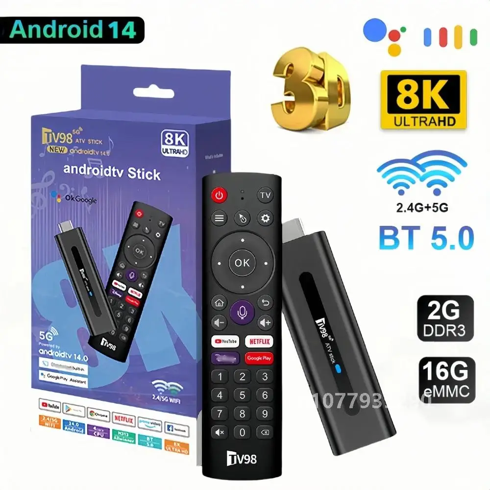 TV98 Mini TV Stick Android 14 HDR Set Top Box 8K Video WiFi 2 4/5G Streaming Smart для сетевого медиаплеера