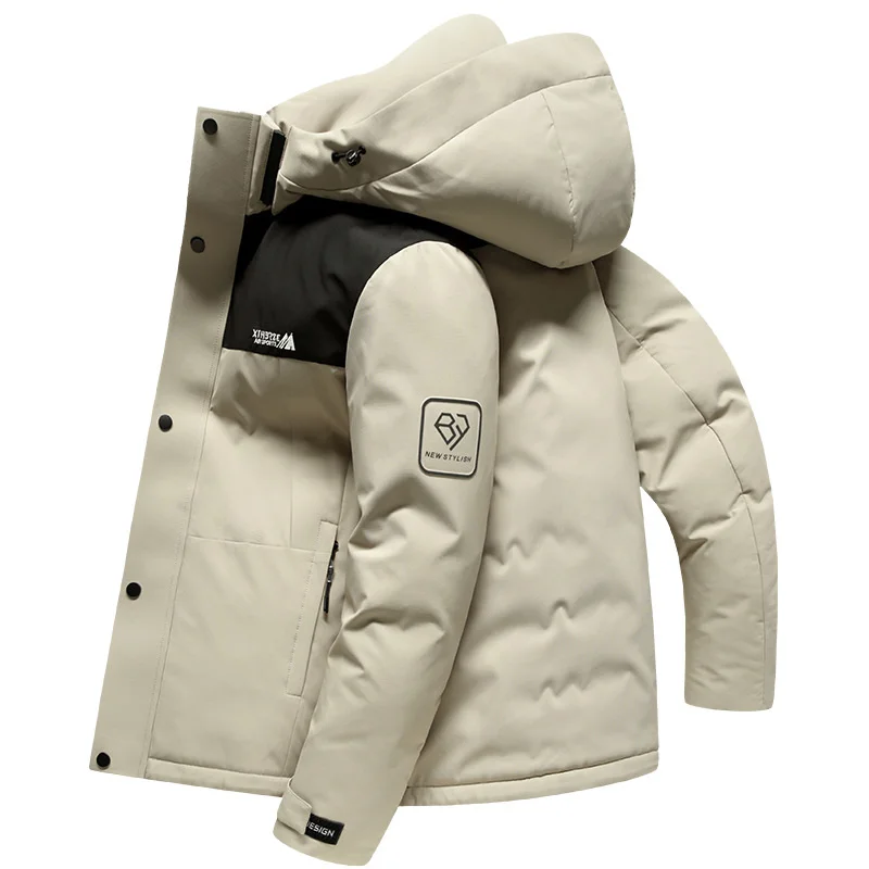 

Мужской теплый пуховик с капюшоном, белый пуховик в стиле пэчворк, зима 2023