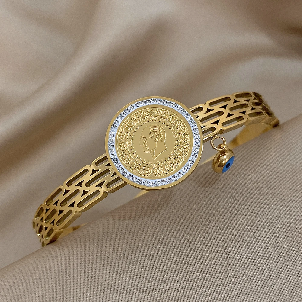 Браслет-манжета из нержавеющей стали с инкрустацией