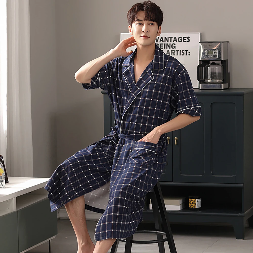 Spring Summer Men's Bathrobe Short Sleeve Sleepwear Cotton Robes for Men Luxury Plaid Kimono Plus Size Hotel Sauna Dressing Gown