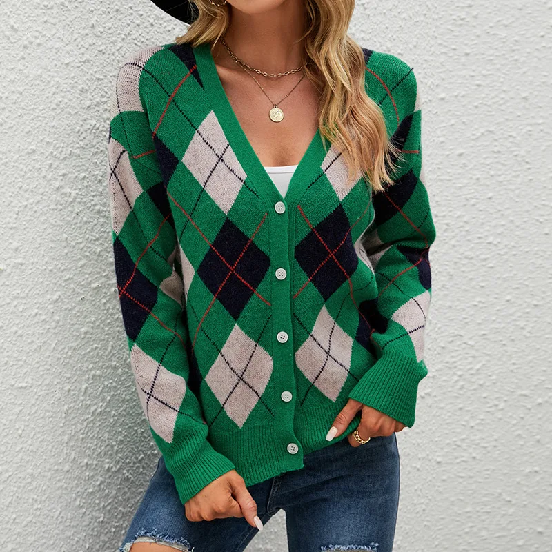 

Cardigan Top Autumn/Winter New Long Sleeve V-Neck Diamond Checker Contrast Knitted Cardigan Coat Sweater for Women