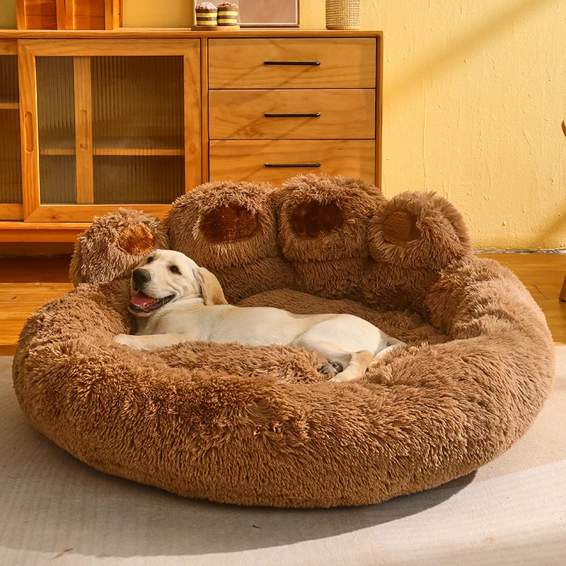 

Dog Bed Cat Mat Round Large Pet House Long Plush Deep Sleeping Warm Bear Paw Shape Super Soft Cushion Calm Beds Pet Supplies