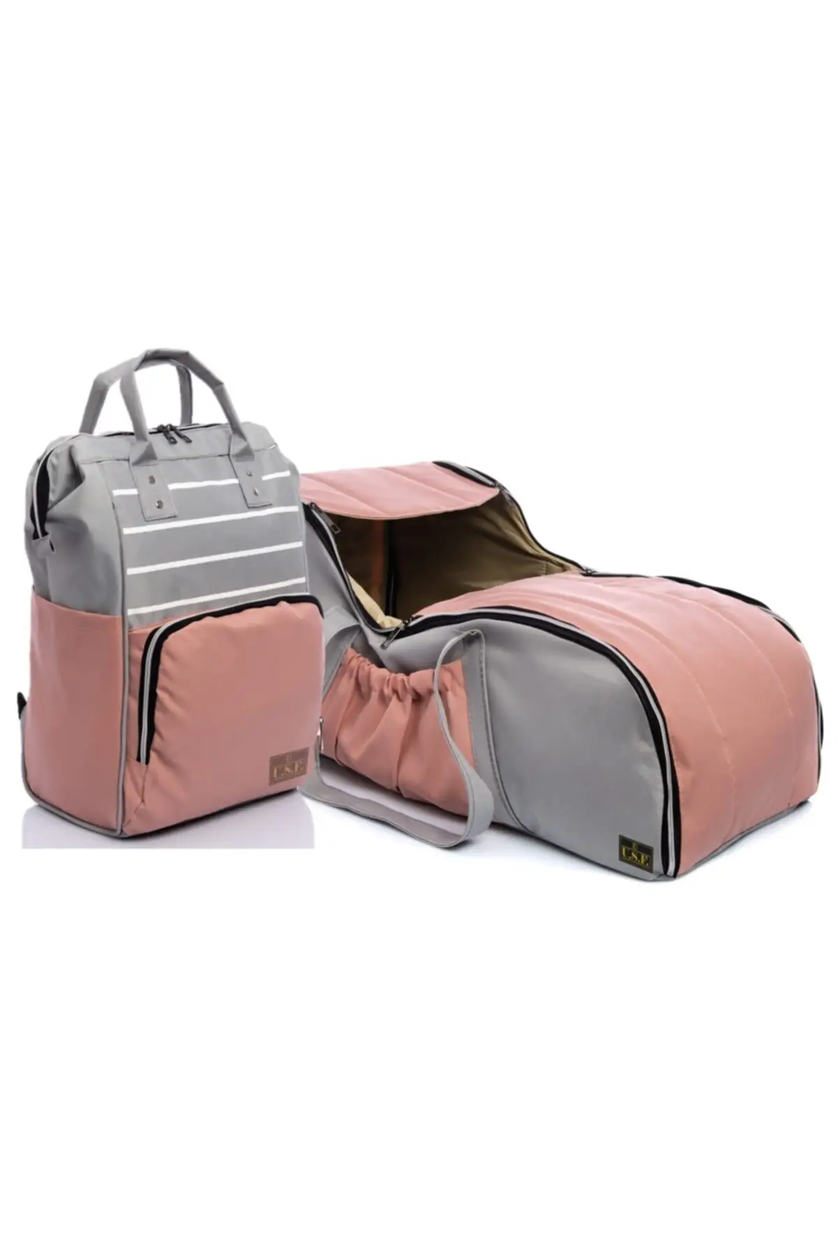Gray Pink Mother Baby Care Bag + Portbebe Main Lap Stroller Dual Set Striped