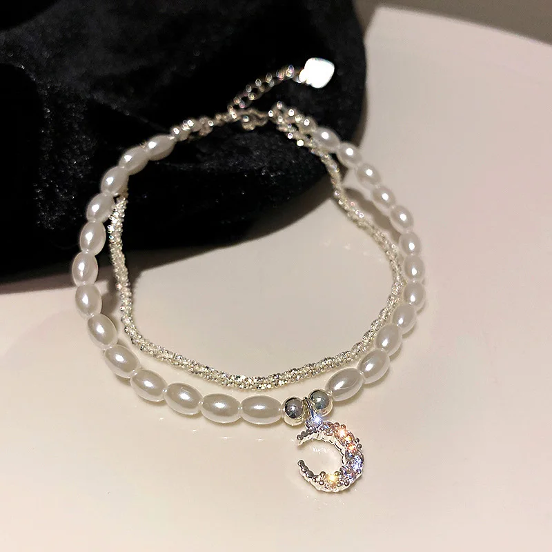 Shiny Silver Moon Zircon Bracelets for Women Natural Freshwater Pearl Bracelet 2 Layers Korea Wedding Luxury Bangle Jewelry Gift |