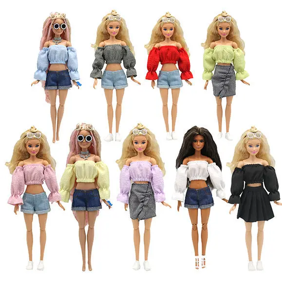 

[MYKPOP] 30cm 1/6 BJD Doll Puff Sleeve Tube Top Denim Shorts Suit Fashion Dress-up Clothes for Barbie Doll SC23040905