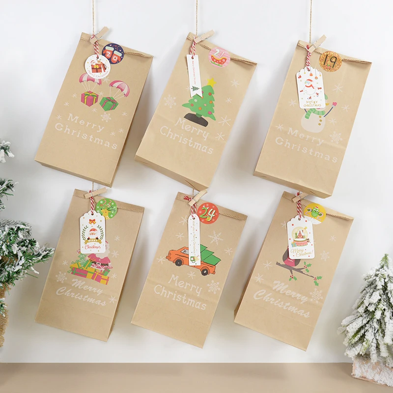 

24set Christmas Candy Bags Santa Claus Snowman Gift Food Packaging Pouch With 1-24 Calendar Stickers Clip Rope Tags Xmas Decor