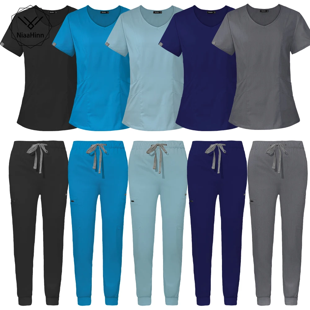 

Fashion High Quality Scrub Suit Hospital Uniform Set Solid Color Unisex Surgical Gown Pocket O-neck Scrubs Set for Women Joggers