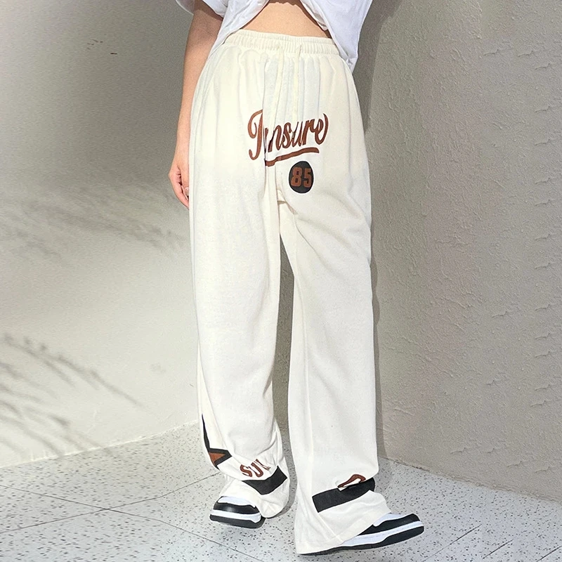 

American print elastic waist straight tube drape thin sweater casual pants women's 2022 autumn sports fashion new trousers