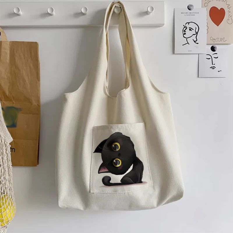 Женская холщовая сумка для покупок кошка с цветочным узором экологически чистый