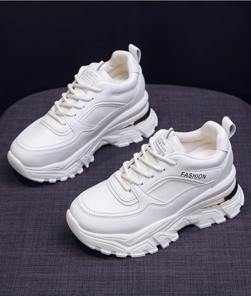 

White PU Leather Chunky Sneakers Women Autumn Winter Platform Vulcanize Shoes Woman Thick Bottom Hidden Heels Sport Shoes