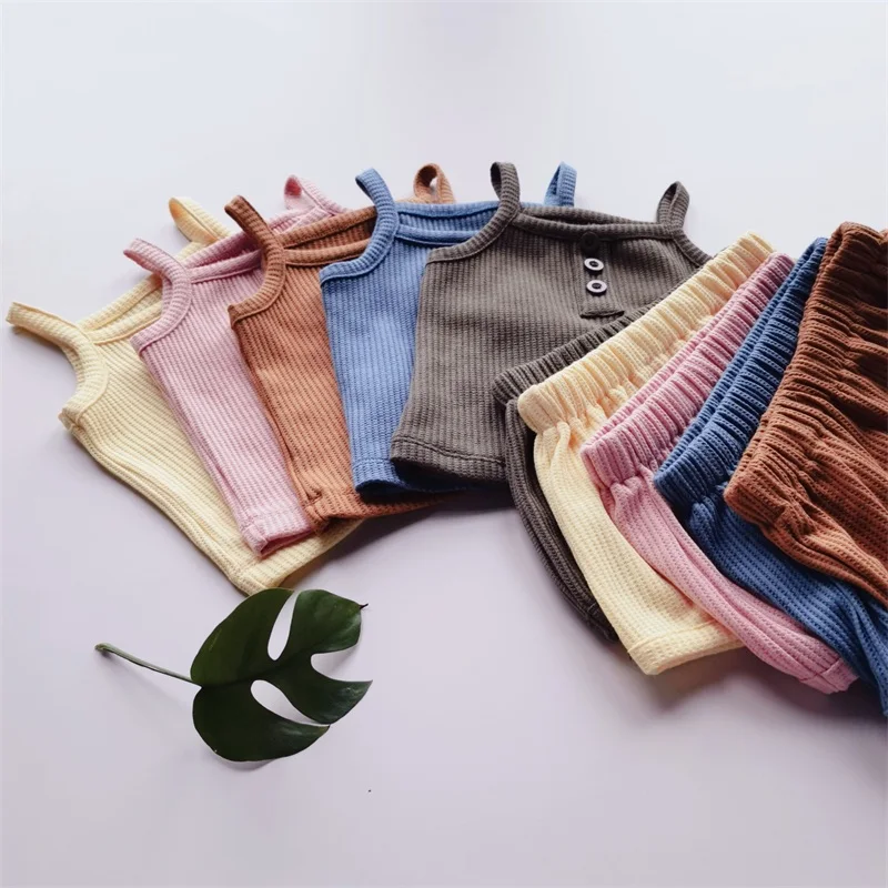 Baby Clothes Sets Summer Toddler Girl Strap Suits Cotton Solid Baby Boy Tops Tee and Shorts Infant Tracksuit Newborn Sets