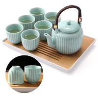 Japanese Tea Set Teaware Black Porcelain 1 Teapot  6 Cups 1 Bamboo Tray 1 Stainless Infuser Beautiful Asian  for Adults Women