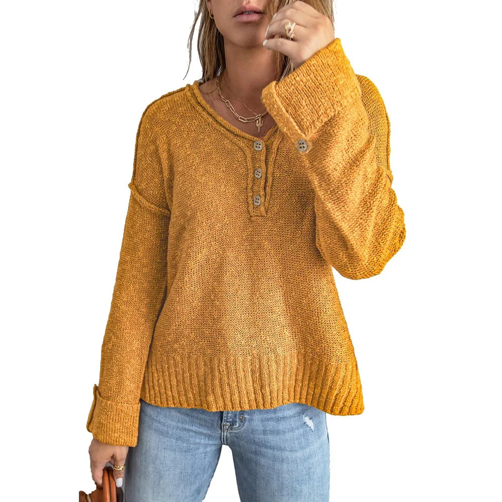 

Autumn Winter Sweaters Fashion Solid Loose Pullovers Oversized Sweater Casual Button Knitted Drop Shoulder Sweater Sueter Mujer